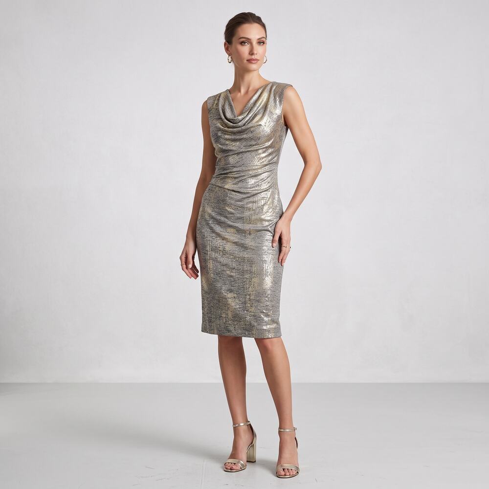 Vince Camuto Metallic Cowl Neck Ruched Sheath Dress Gold Silver Cocktail 6